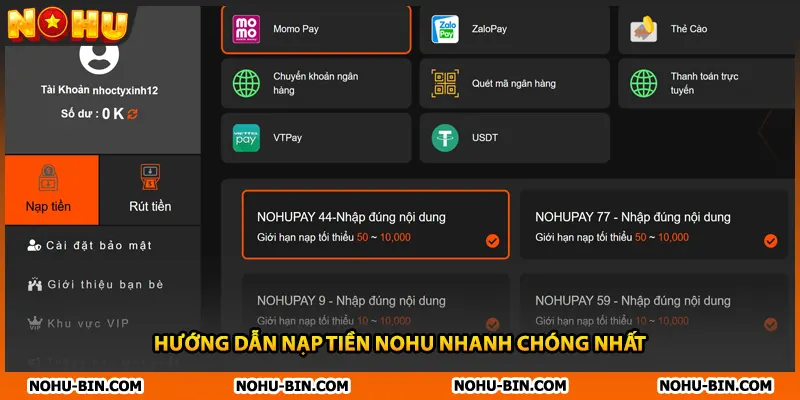 Hướng dẫn nạp tiền NOHU nhanh chóng nhất